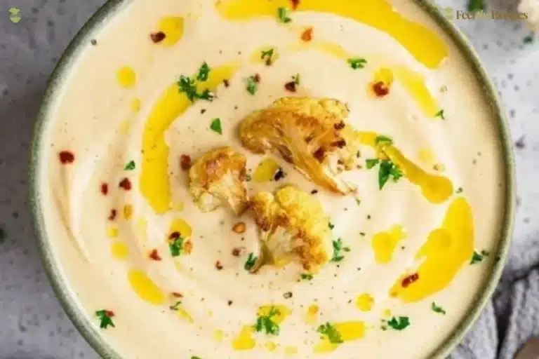 Bowl of creamy roasted cauliflower soup garnished with herbs