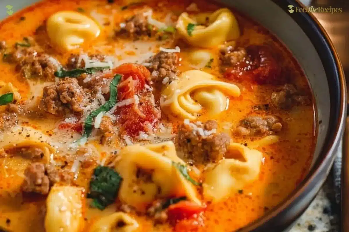 Bowl of Sausage Tortellini Soup garnished with herbs and cheese.