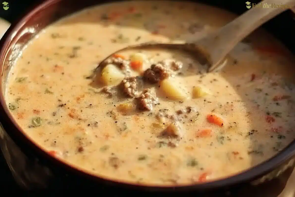 Bowl of hearty sausage potato soup garnished with fresh herbs.