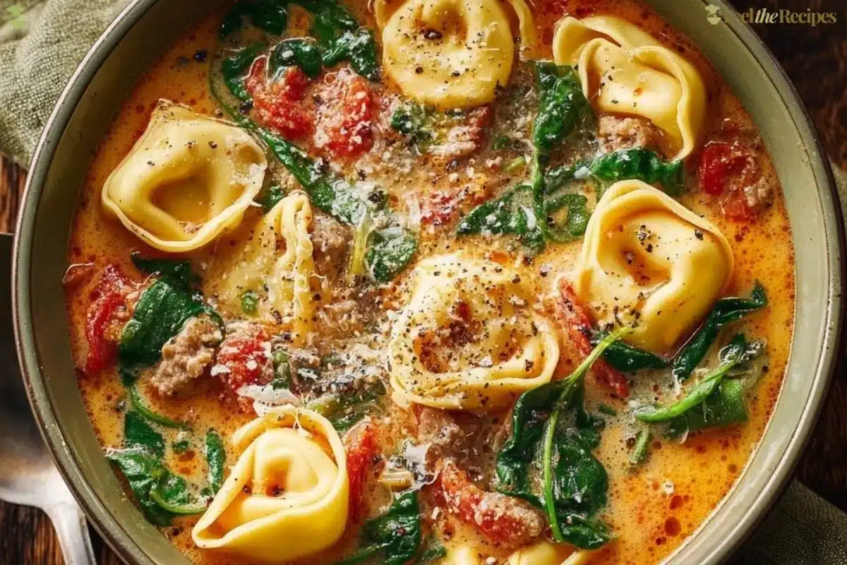 Bowl of Sausage Tortellini Soup garnished with herbs