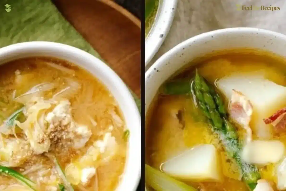 A delicious bowl of seasonal miso soup garnished with fresh vegetables and herbs.