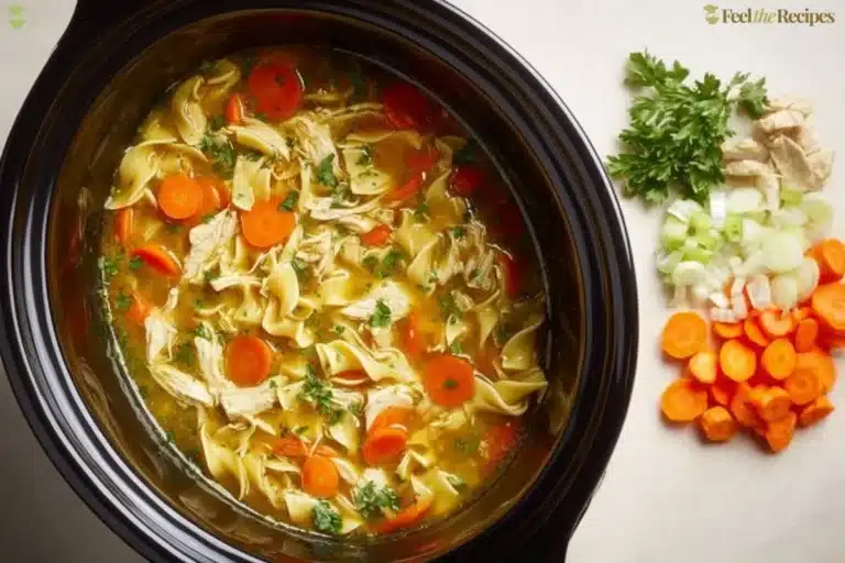 Delicious slow cooker chicken noodle soup filled with tender chicken and vegetables