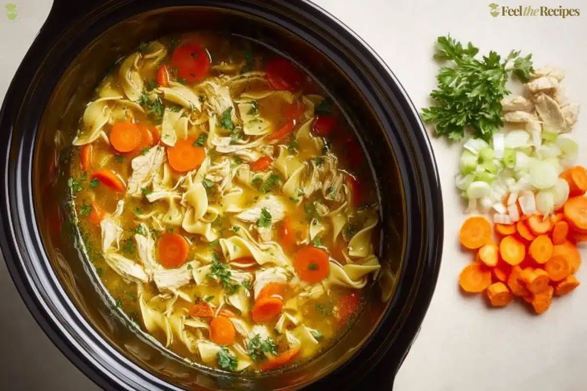 Delicious slow cooker chicken noodle soup filled with tender chicken and vegetables