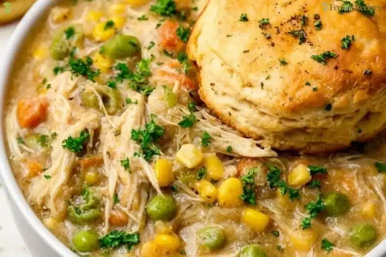 Delicious slow cooker chicken pot pie topped with flaky crust and fresh ingredients.