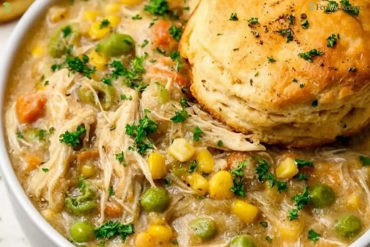 Delicious slow cooker chicken pot pie topped with flaky crust and fresh ingredients.