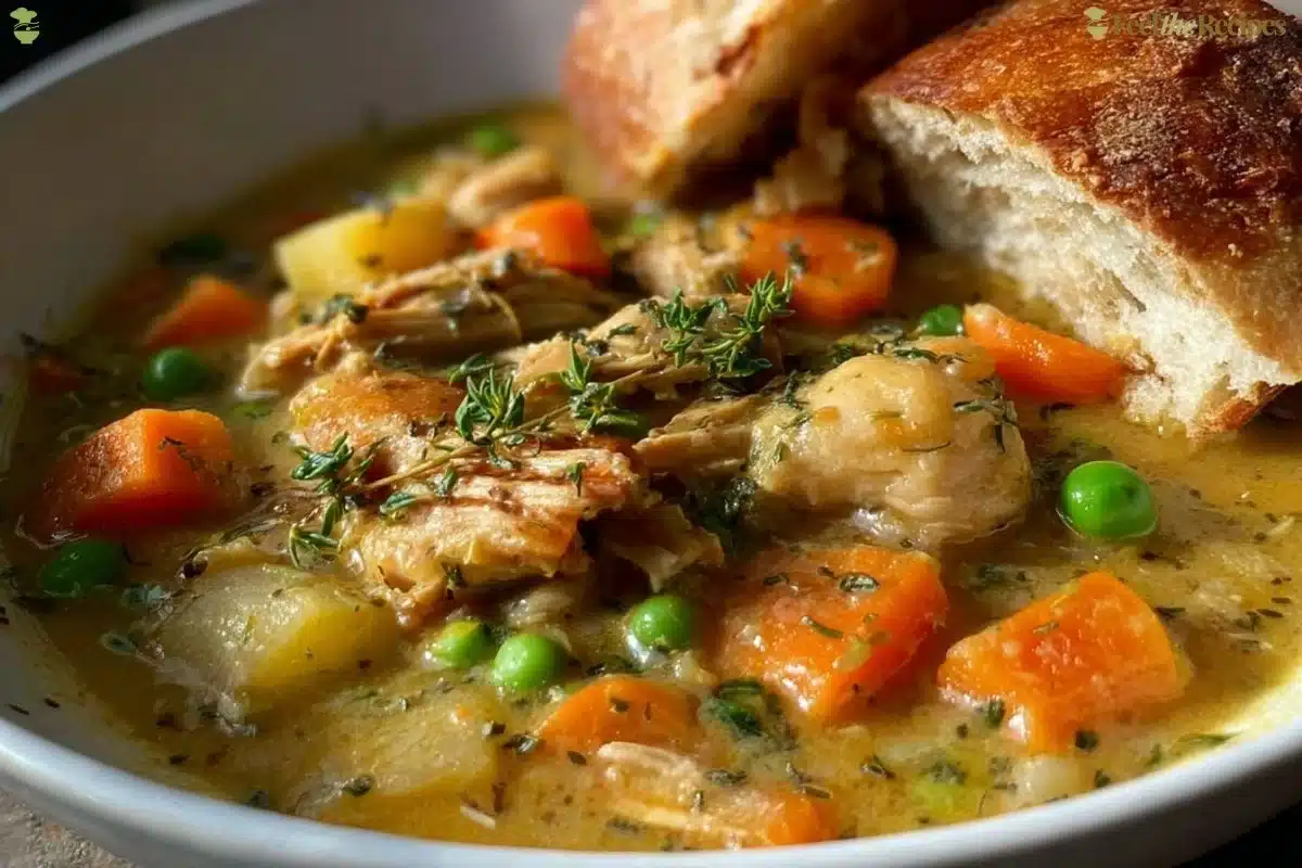 Bowl of hearty slow cooker chicken stew with vegetables