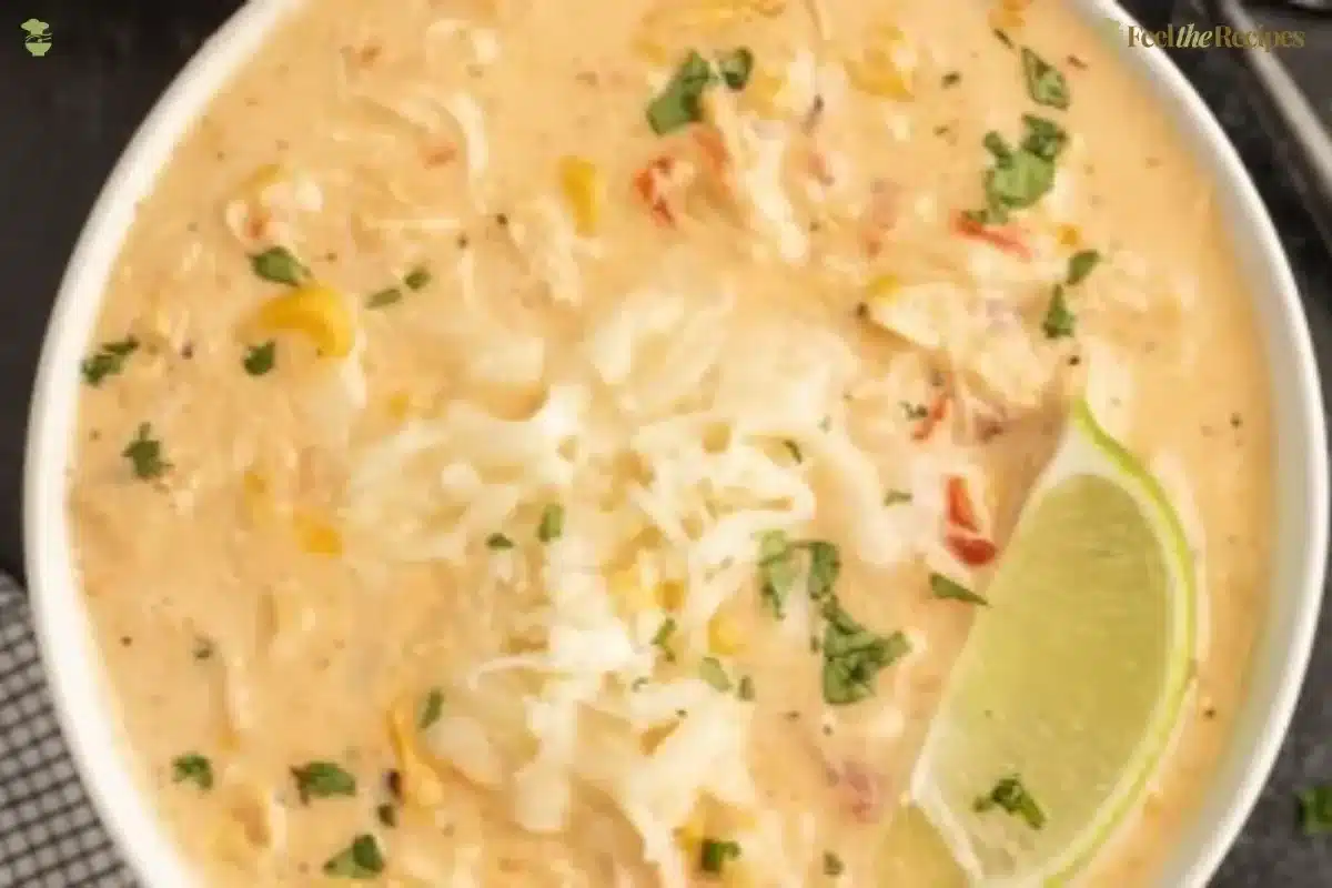 Bowl of Slow Cooker Mexican Chicken Corn Chowder topped with cilantro and lime
