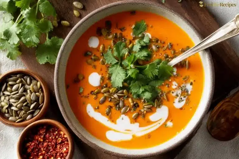 Bowl of spicy butternut squash sweet potato soup garnished with herbs.
