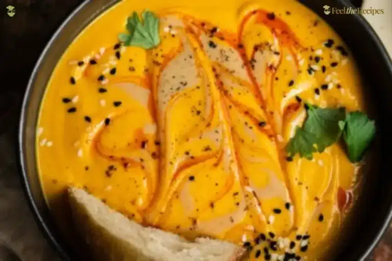 Bowl of spicy carrot and red lentil soup topped with fresh herbs