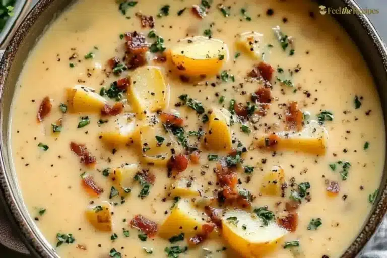 Bowl of creamy potato soup with herbs on top, perfect cozy comfort food.