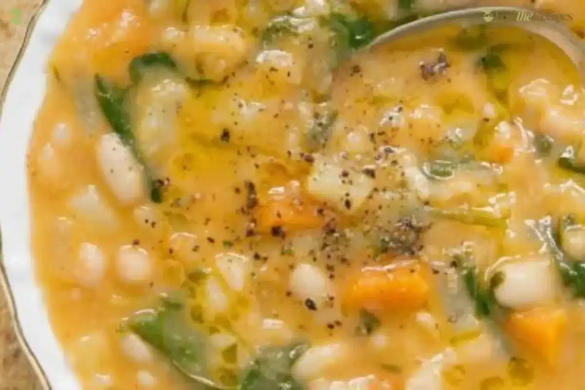 Bowl of creamy white bean soup garnished with herbs and bread