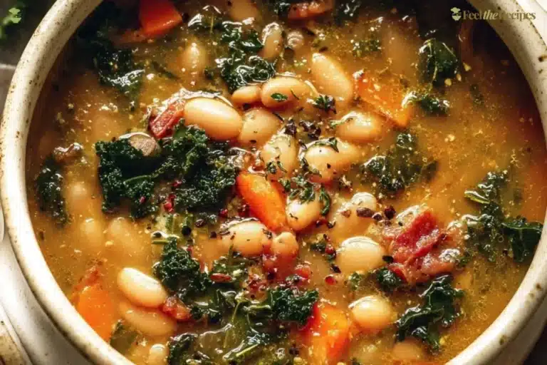Bowl of Tuscan White Bean and Kale Soup served with crusty bread.