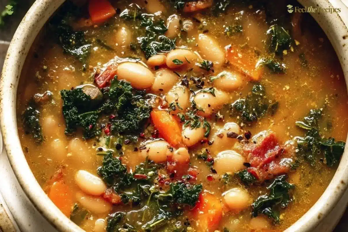 Bowl of Tuscan White Bean and Kale Soup served with crusty bread.