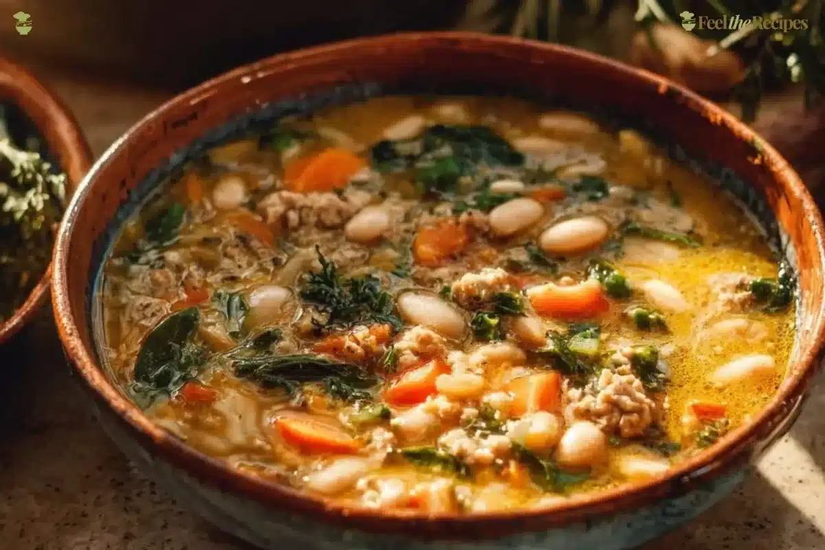 Delicious bowl of Tuscan white bean soup garnished with herbs