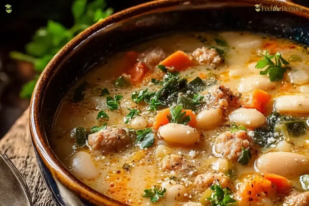 Bowl of Tuscan White Bean Soup garnished with herbs