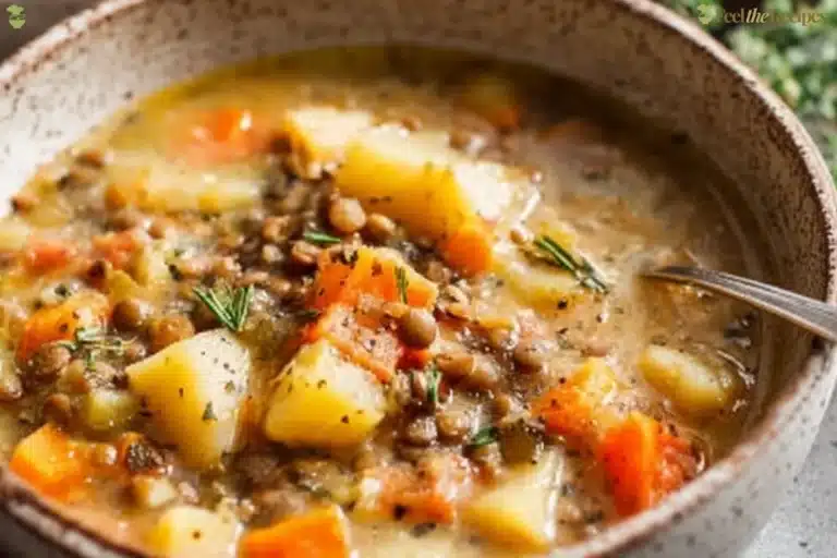 Bowl of delicious vegetarian lentil soup with fresh vegetables and spices