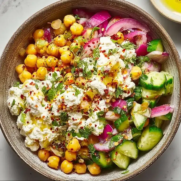 Addictive cottage cheese and chickpea power salad in a bowl