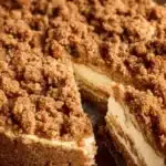 Delicious apple crumble cheesecake topped with crumbly apples and caramel