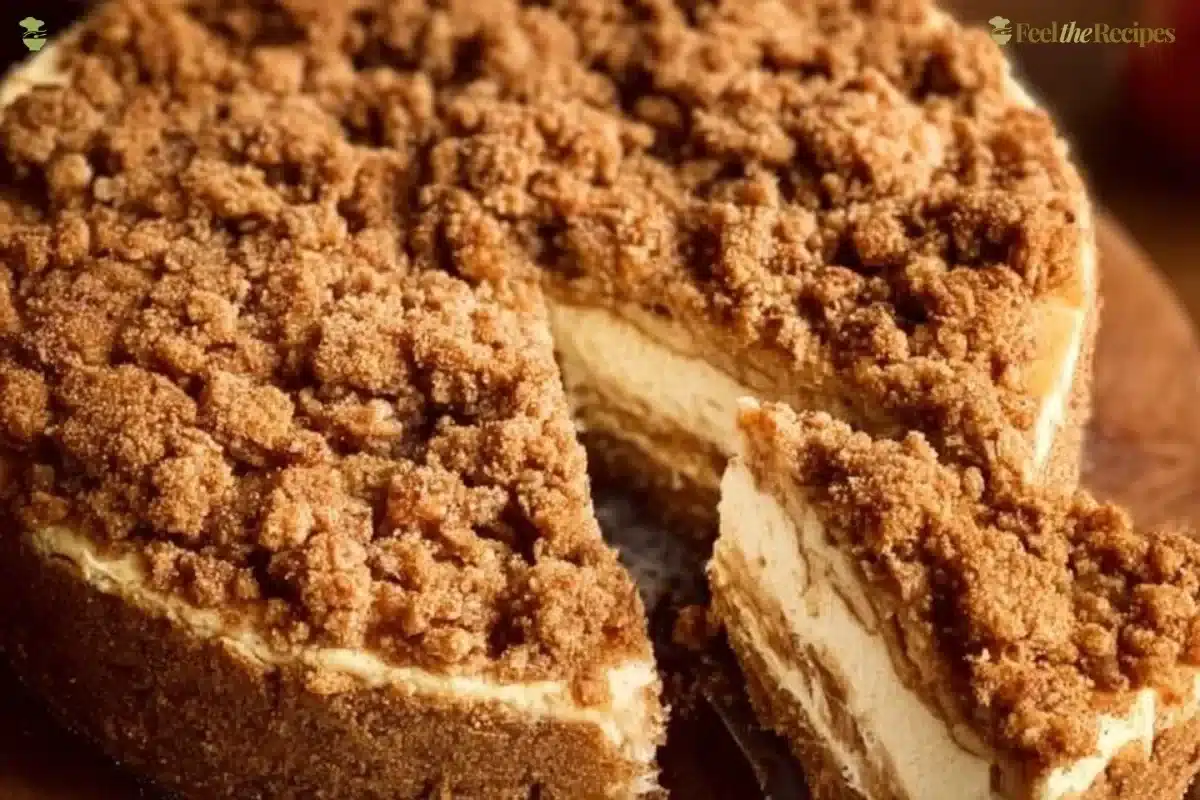 Delicious apple crumble cheesecake topped with crumbly apples and caramel