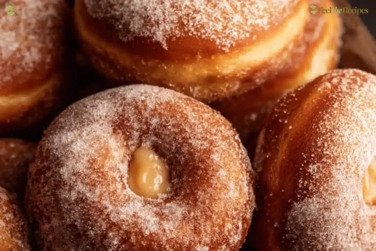 Freshly baked brioche donuts topped with icing and sprinkles