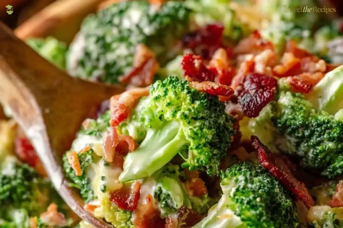 Delicious broccoli salad with crispy bacon and fresh veggies