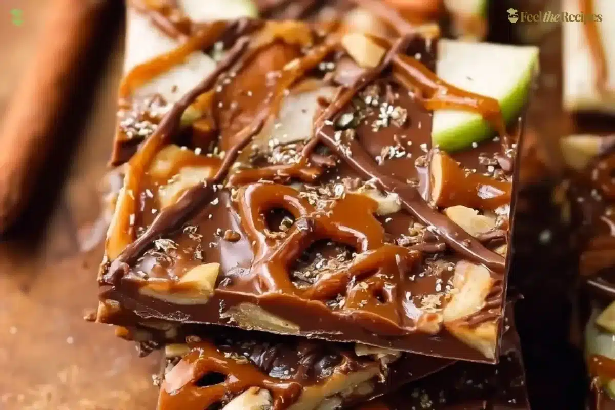 Delicious caramel apple bark with crunchy apple pieces and luscious caramel drizzle.