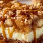 Delicious caramel apple cheesecake bars on a white plate with caramel drizzle