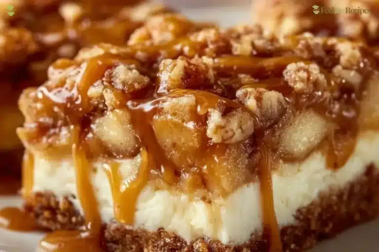Delicious caramel apple cheesecake bars on a white plate with caramel drizzle