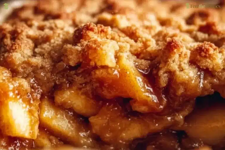 Delicious caramel apple dump cake topped with caramel sauce and apple slices.