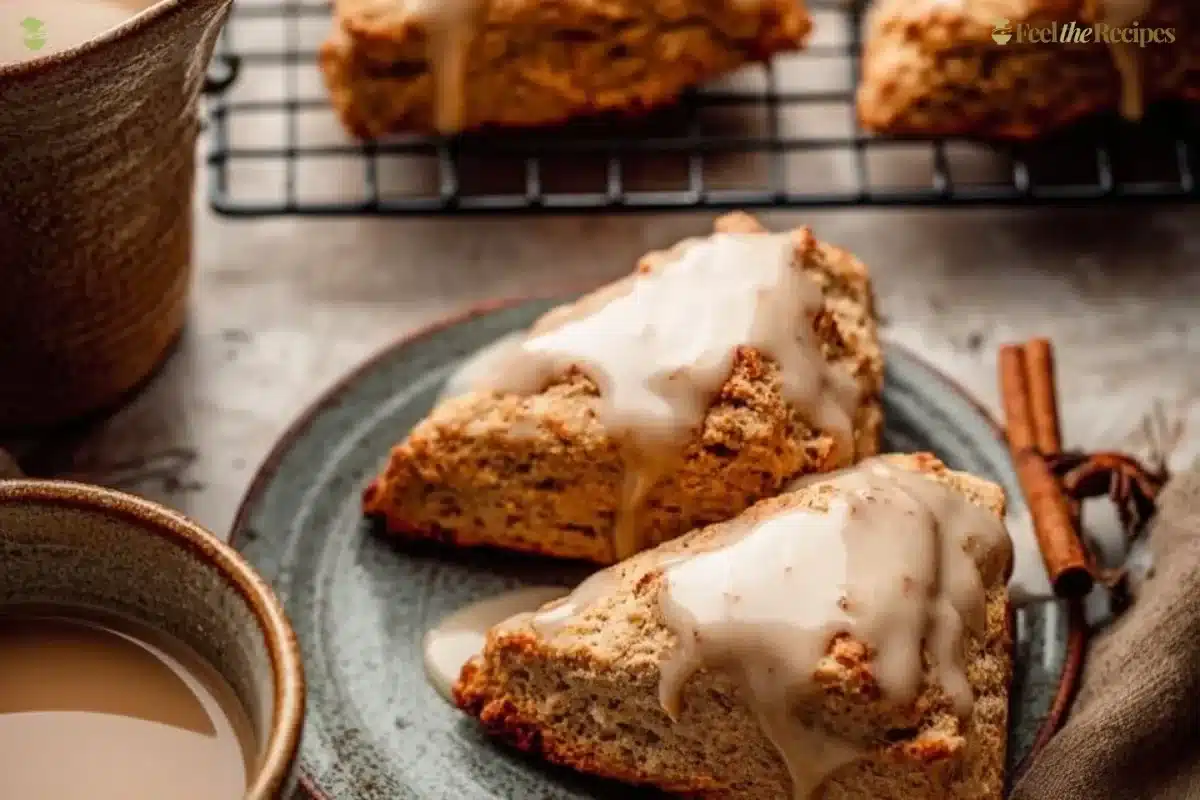 Chai scones drizzled with maple chai glaze on a rustic wooden table