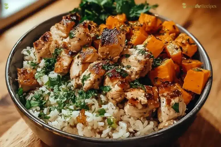 Delicious chicken and sweet potato rice bowl ready to serve