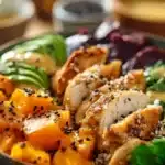 Chicken and Sweet Potato Buddha Bowl packed with vibrant vegetables and grains.