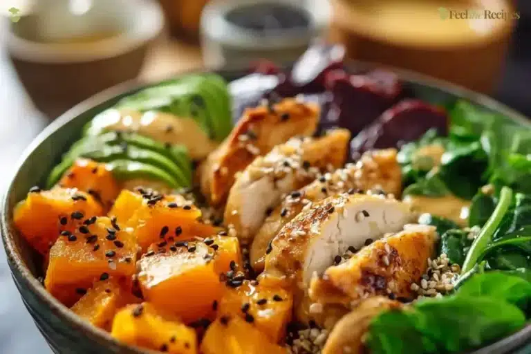 Chicken and Sweet Potato Buddha Bowl packed with vibrant vegetables and grains.
