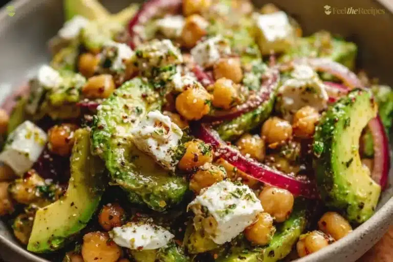 Chickpea Feta Avocado Salad featuring fresh ingredients in a bowl