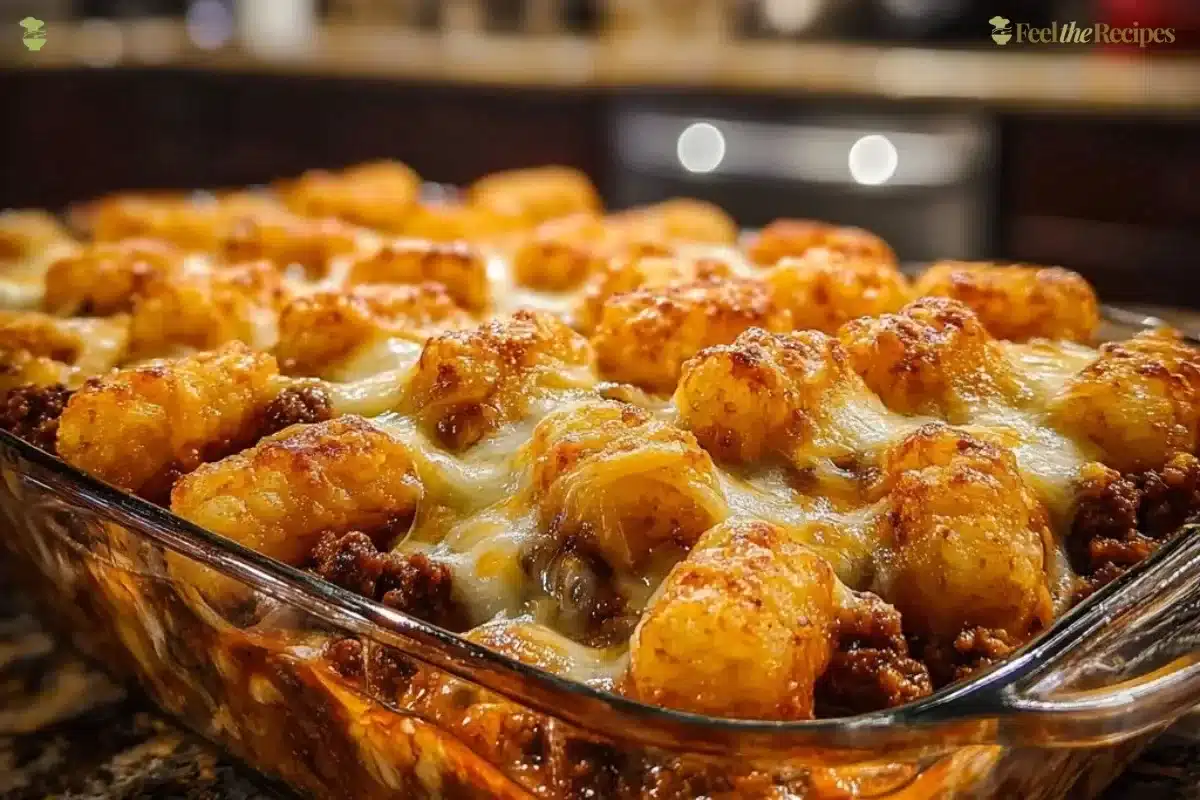 Chili Cheese Tater Tot Casserole topped with melted cheese and chili