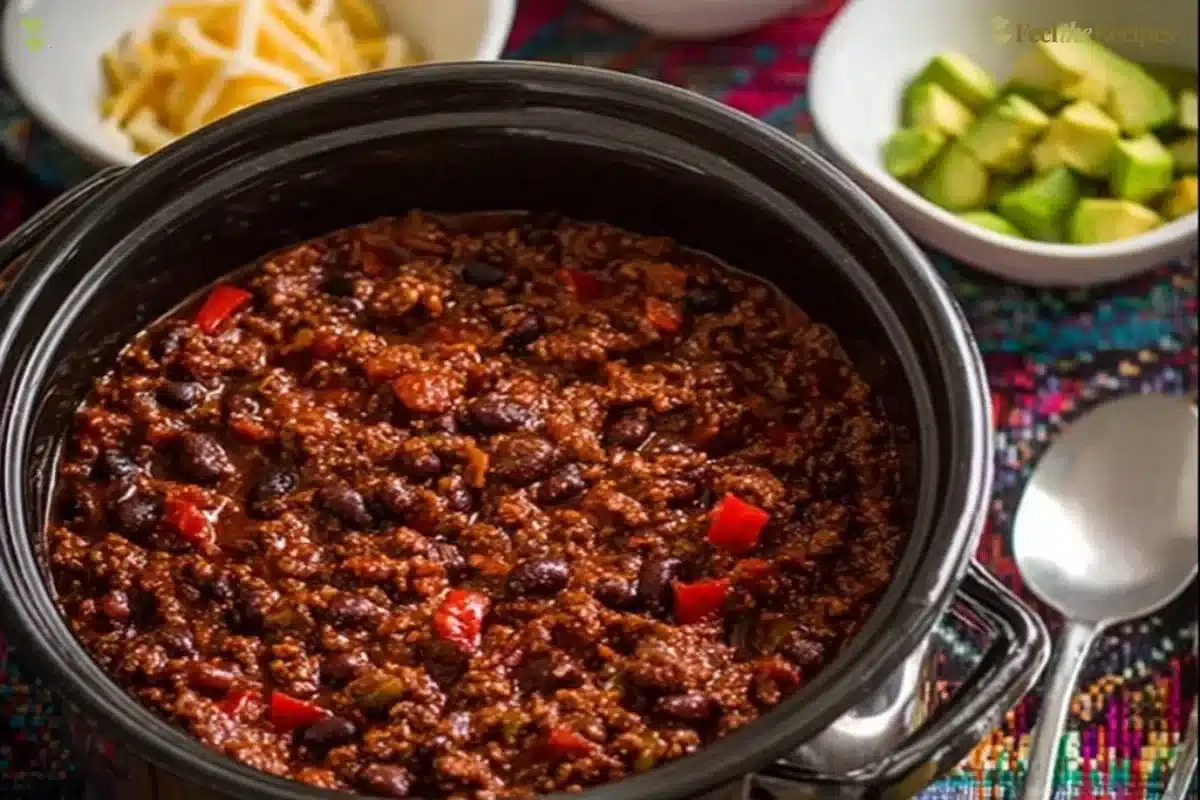 Delicious bowl of Chili with Bourbon, garnished and ready to serve.