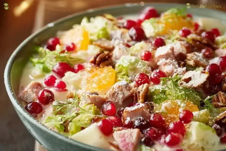 A colorful Christmas Salad with fresh greens, fruits, and festive toppings.