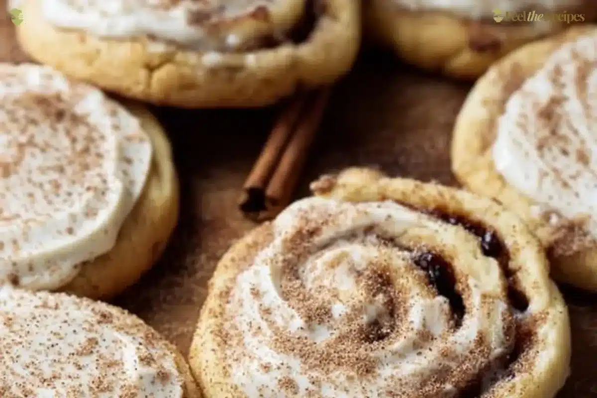 Freshly baked cinnamon roll cookies topped with icing and cinnamon.