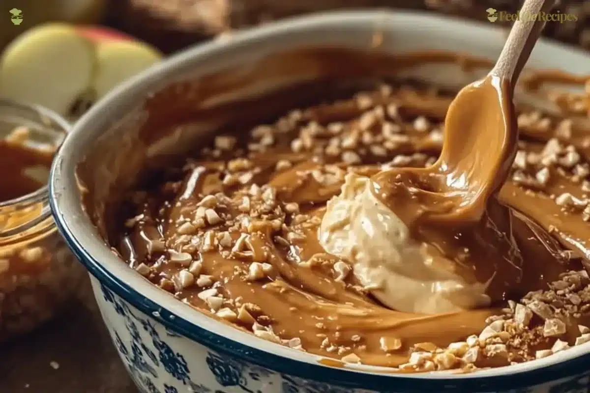 Cream cheese caramel apple dip served with sliced apples for dipping