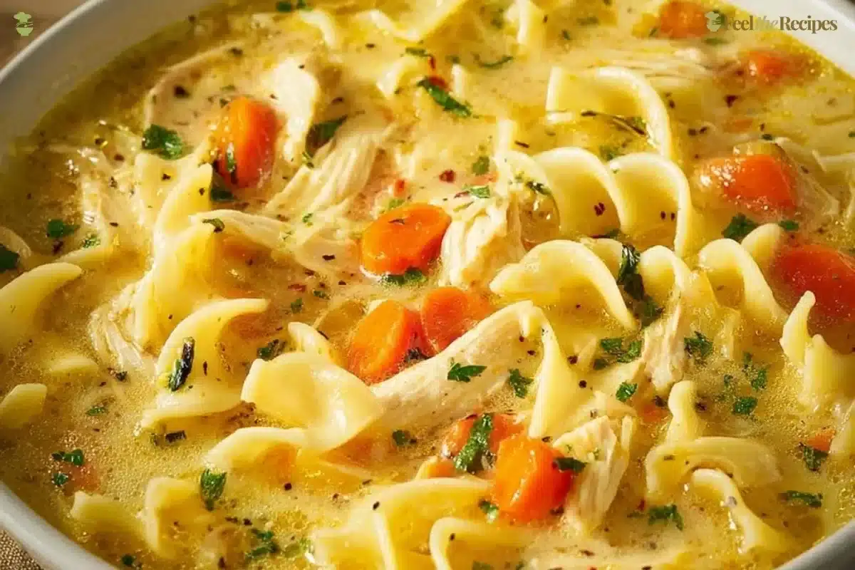 Bowl of creamy chicken noodle soup with vegetables and noodles