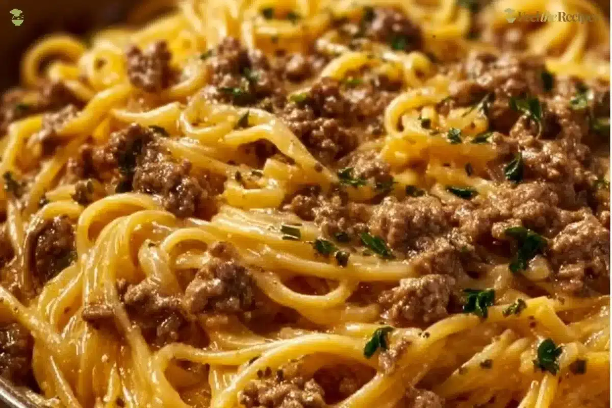 Delicious creamy garlic butter pasta topped with ground beef and herbs.
