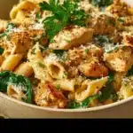 Creamy Garlic Parmesan Chicken Pasta garnished with parsley on a white plate