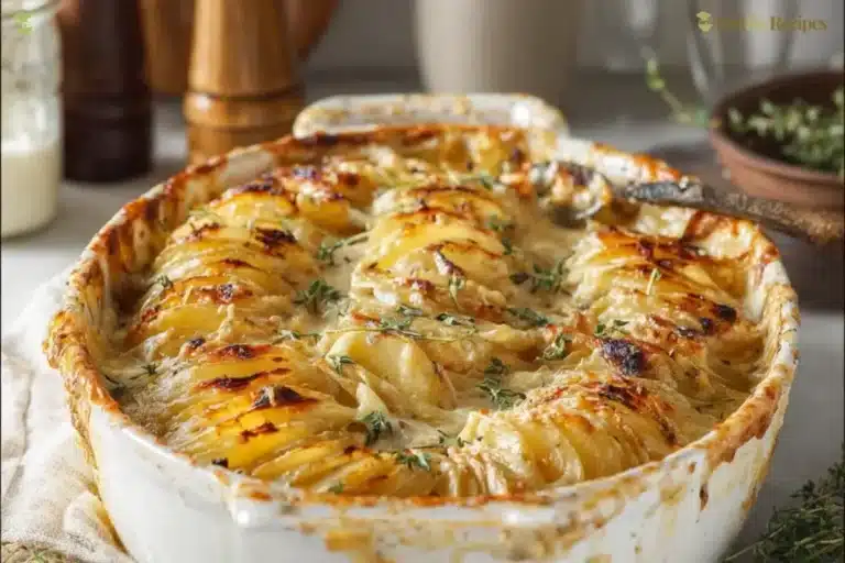 Deliciously creamy scalloped potatoes fresh out of the oven.