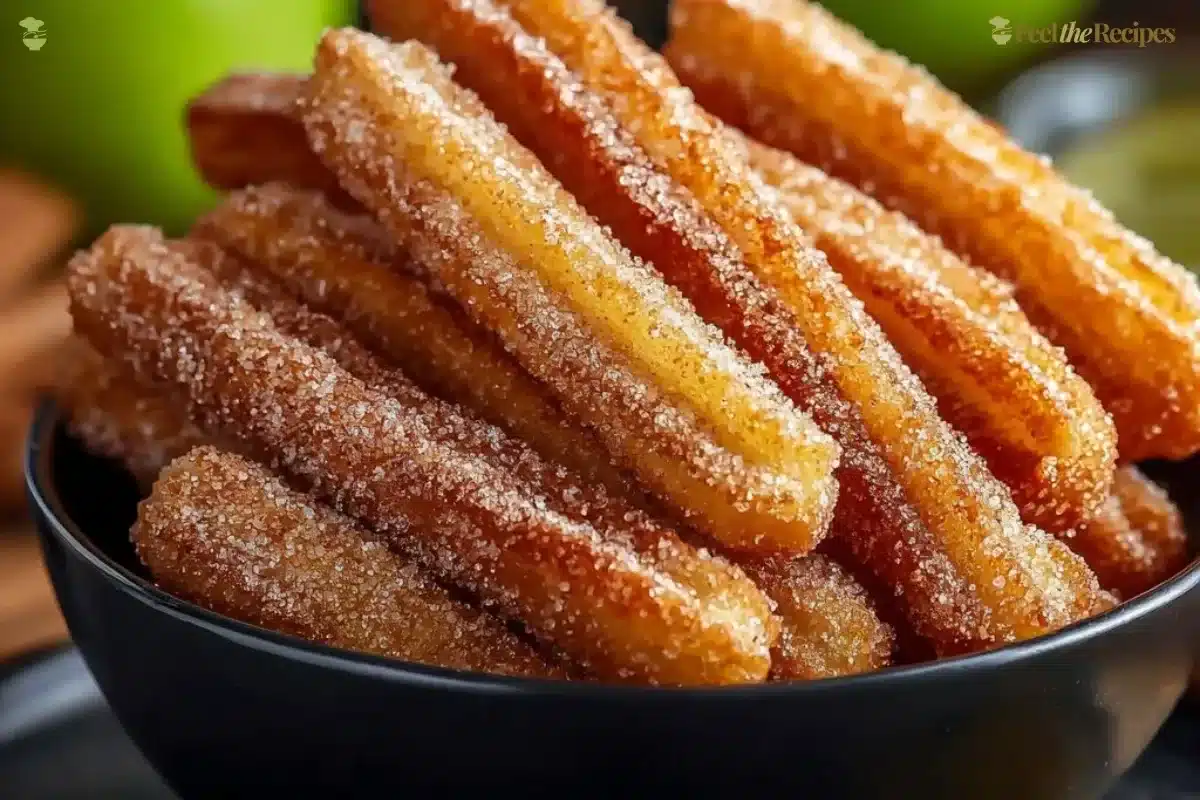 Crispy air fryer apple fries served on a plate with a side of dipping sauce