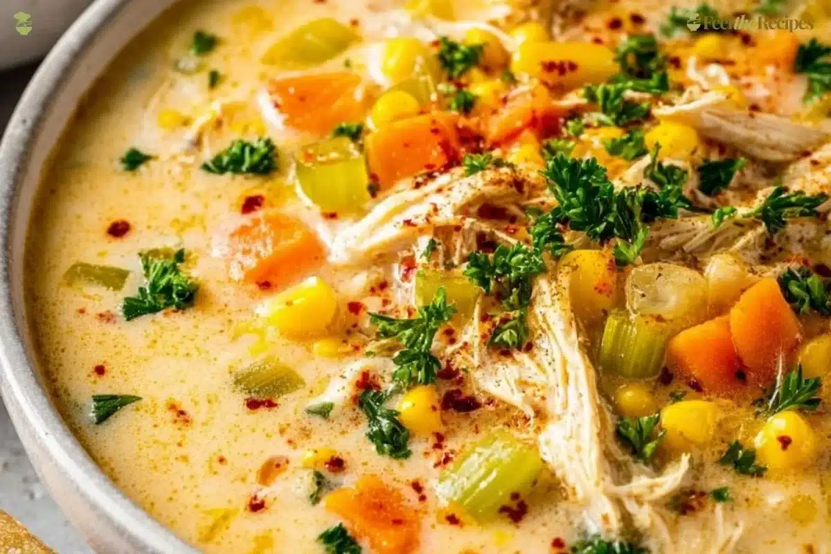 Bowl of hearty Crockpot Chicken Corn Chowder with fresh ingredients