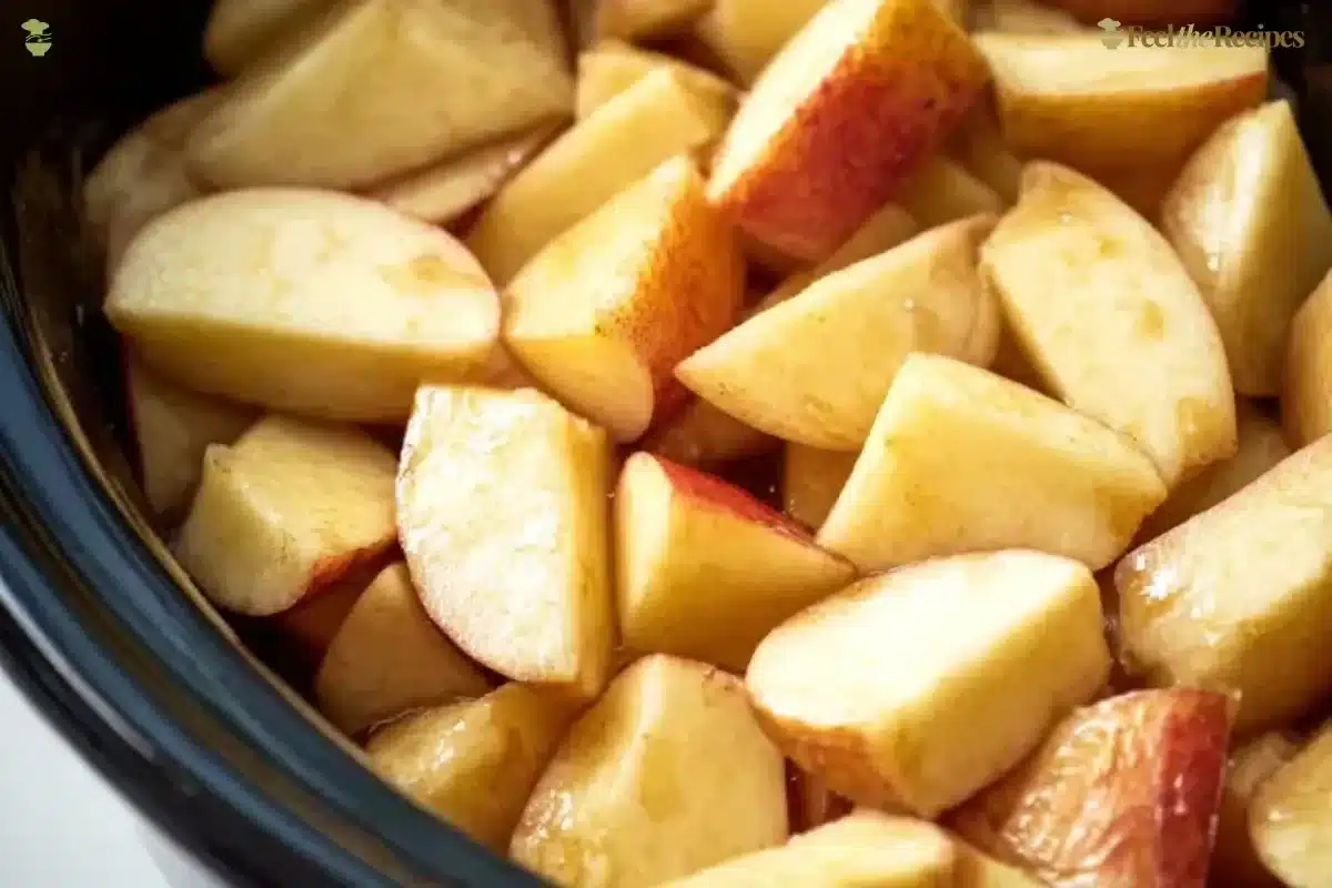 Crockpot Cinnamon Apples cooking in a slow cooker with spices and apple slices.