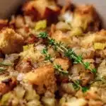 Grandma's Thanksgiving stuffing recipe with fresh herbs and bread cubes.