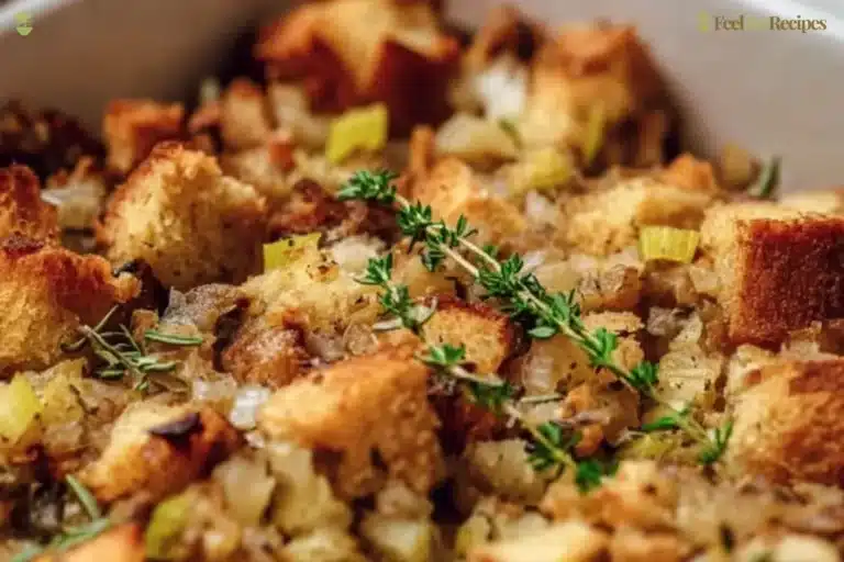 Grandma's Thanksgiving stuffing recipe with fresh herbs and bread cubes.