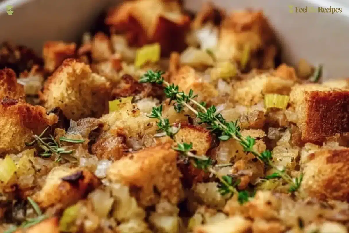 Grandma's Thanksgiving stuffing recipe with fresh herbs and bread cubes.