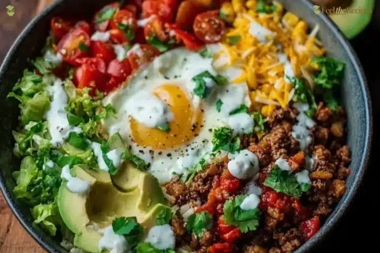 Low carb burrito bowl with protein ingredients for a quick breakfast